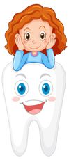 A girl is sitting on top of a tooth with a smiling face.