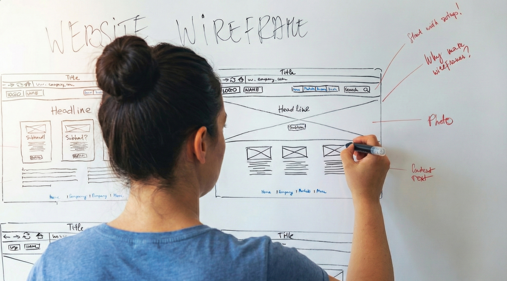 Woman drawing a website wireframe on a whiteboard with a marker, outlining content layout.