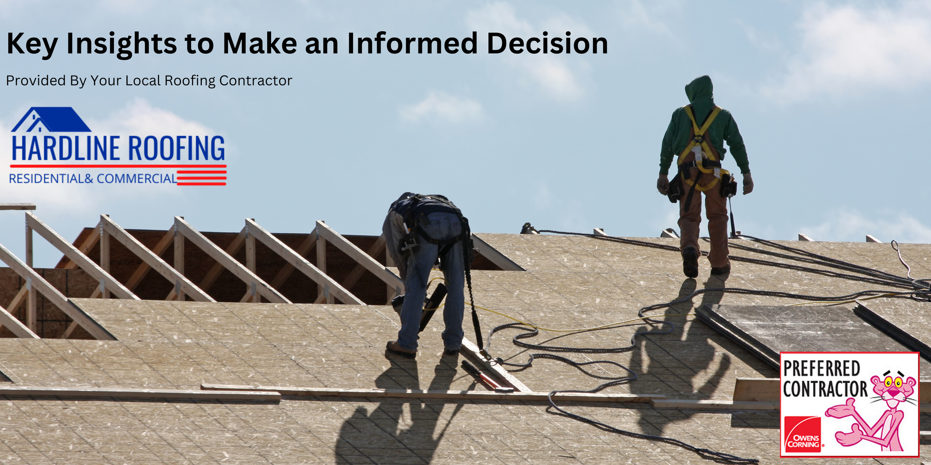 A hardline roofing ad shows two men working on a roof