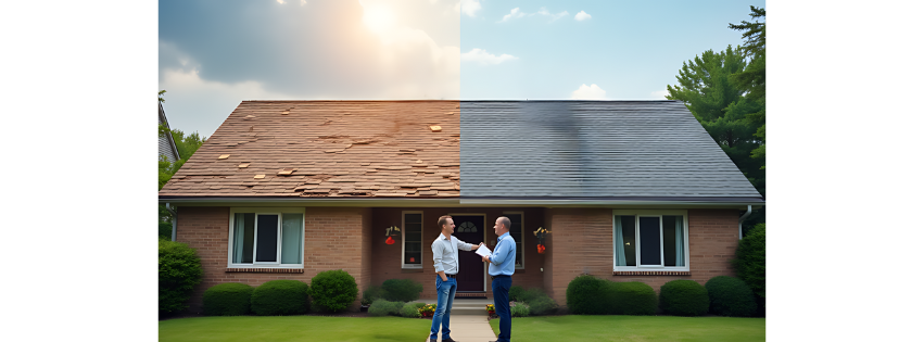 Two men are shaking hands in front of a before and after picture of a house with a roof replacement.