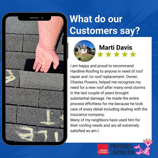 5 star customer review with cellphone picture of damaged shingle.