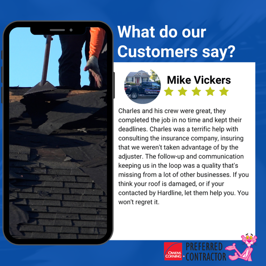 5 star customer review with a cell phone showing a picture of shingles being removed.