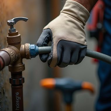 Gloved hands connecting a hose to a brass outdoor faucet with a wrench nearby