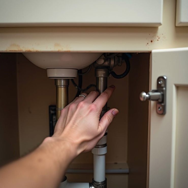 Hand reaching under a sink to turn a plumbing valve in an open cabinet
