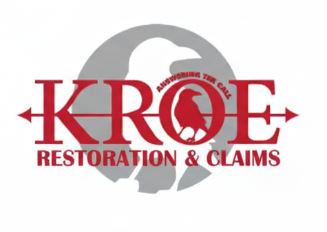 KROE Restoration & Claims logo: Red text "KROE," raven in a circle, arrows, tagline "Answering the Call," gray background.