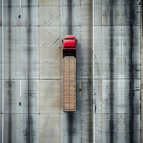 An aerial view of a red semi truck driving down a highway.