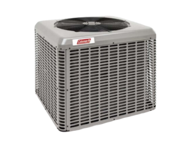 Coleman air conditioning unit, gray metal exterior, with fan on top.