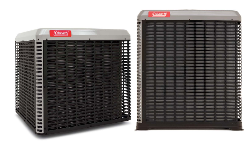 Two Coleman air conditioning units, one square, one rectangular, both with black mesh sides, gray tops, and red Coleman logos.