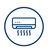 Blue circle with air conditioner, emitting wavy lines.