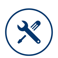 Blue wrench and screwdriver crossed within a blue circle.