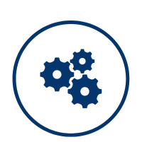 Three blue gears inside a blue circle.