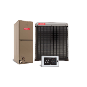 HVAC system: beige furnace, outdoor unit, and thermostat displaying 72 degrees.
