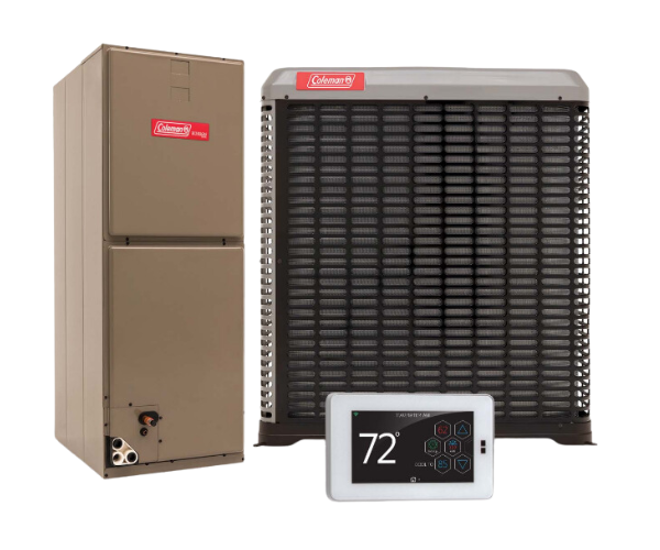 Coleman HVAC system: indoor unit, outdoor unit, and digital thermostat.