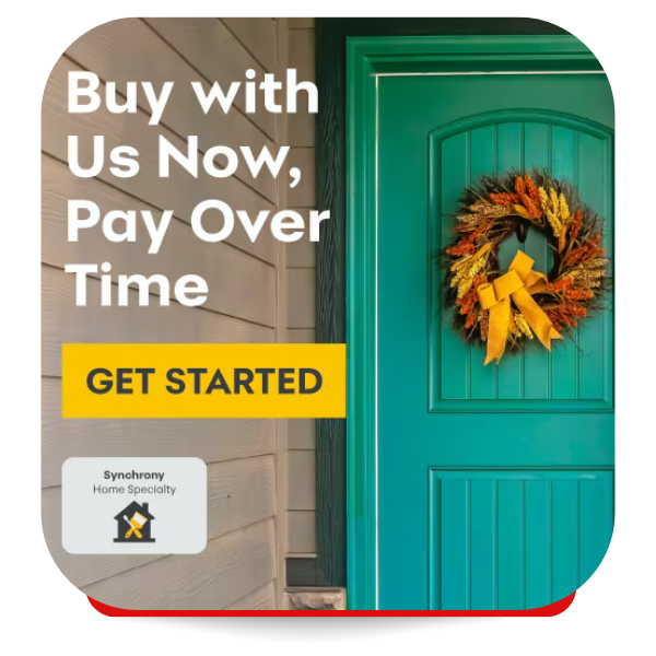 Advertisement: teal door with a wreath and text 