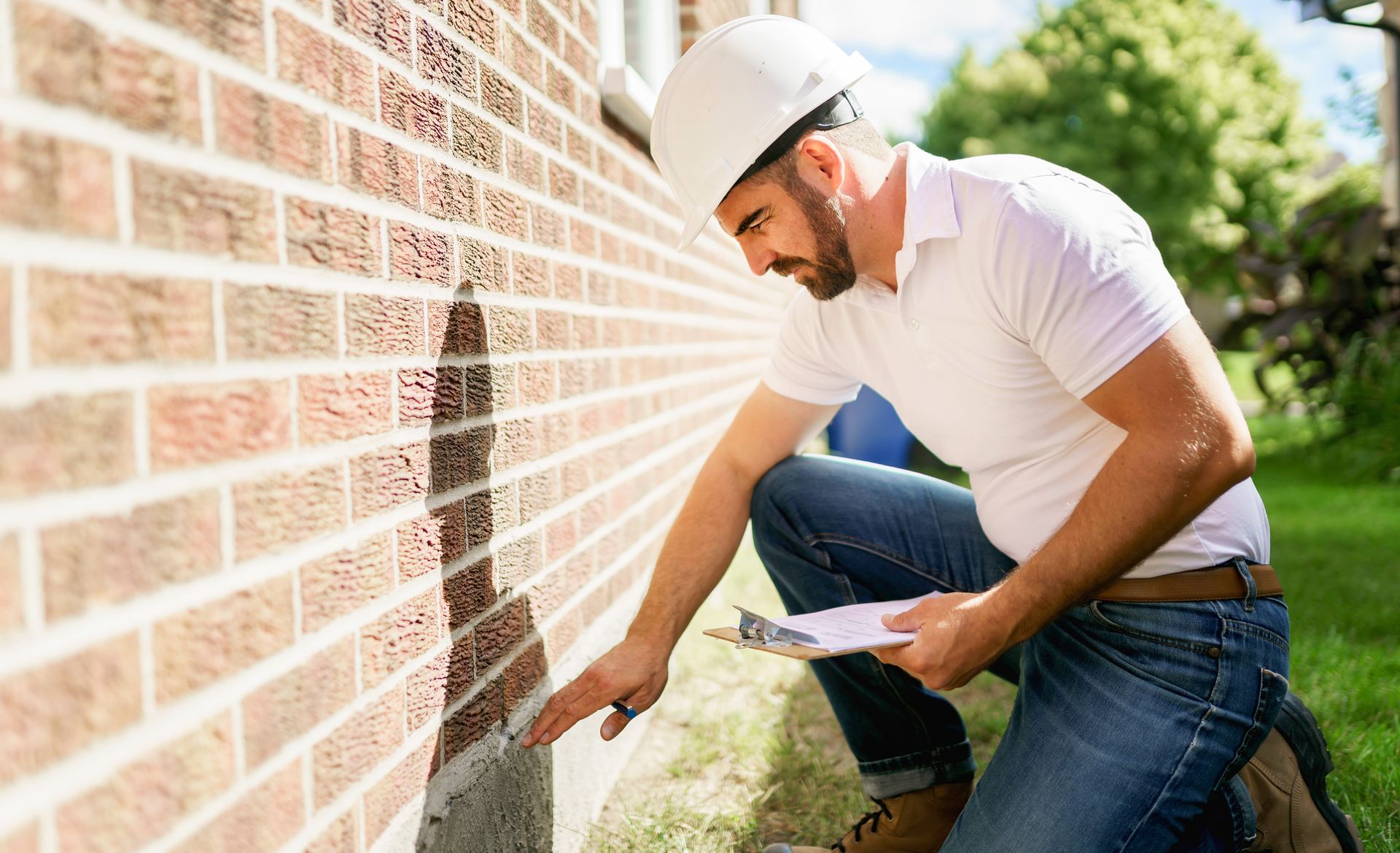 Man in a hard hat inspects brick wall foundation, holding a clipboard, outdoors on grass.