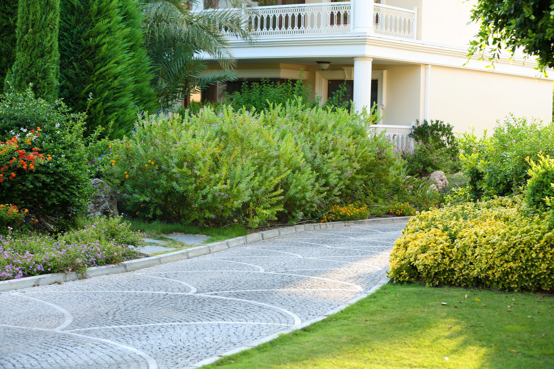Cobblestone driveway leading to a house surrounded by lush green landscaping.