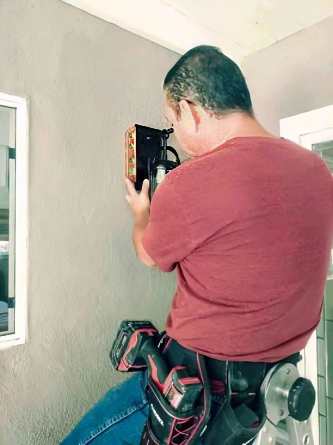 Man in red shirt installing an object on a grey wall, using a tool, while on a ladder.