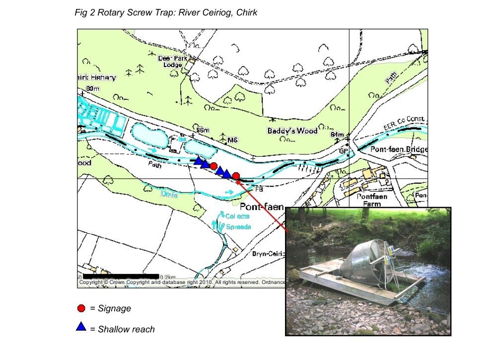 Diagram and photo of fish trap on the River Ceiriog