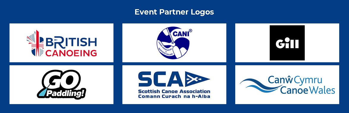 Panel showing logos of 6 Event Partners: British Canoeing, CANI, Gill, Go Paddling, SCA, Canoe Wales