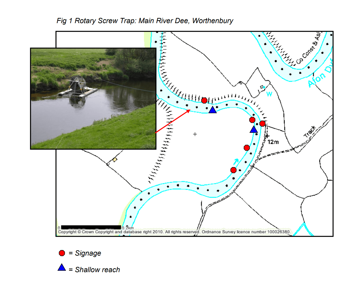 Diagram and photo of fish trap on the River Dee