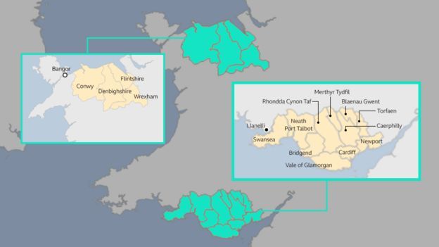 Map of lockdown areas in Wales