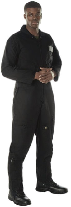 Mechanic in blue jumpsuit holds wrenches, wearing a hat, and has safety gloves in pocket, white background.