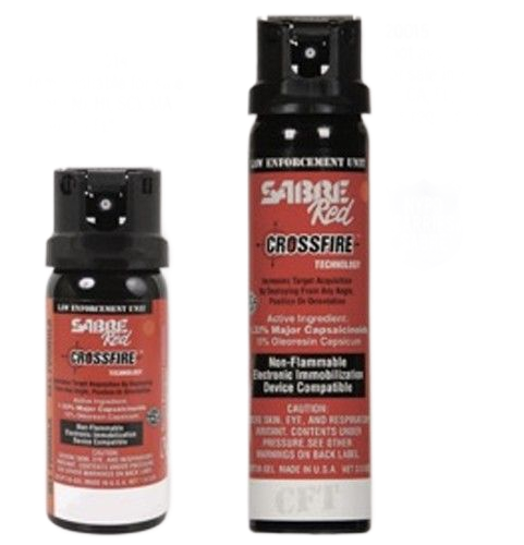 Two canisters of Sabre Red Crossfire pepper spray on a white background. Red and black labels.