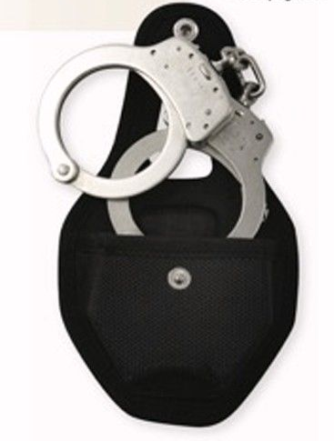 Handcuffs in a black pouch with a snap closure, on a white background.