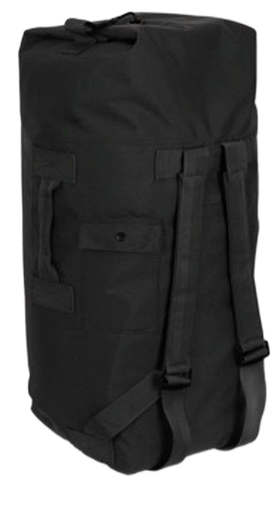 Black duffel bag with top handles, side pocket, and adjustable shoulder straps.