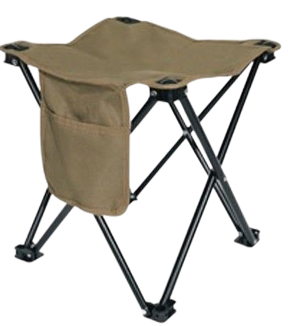 Tan folding camping stool with a side pocket, black metal frame.