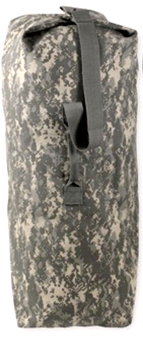 A cylindrical military bag in digital camouflage pattern. It has a gray strap and a flap closure at the top.