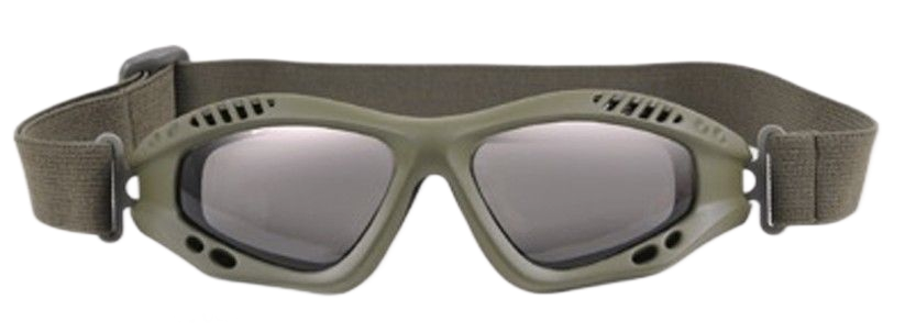 Green tactical goggles with a strap.