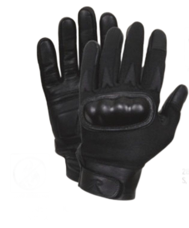 Black tactical gloves with knuckle protection.