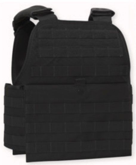 Black plate carrier vest with MOLLE webbing.