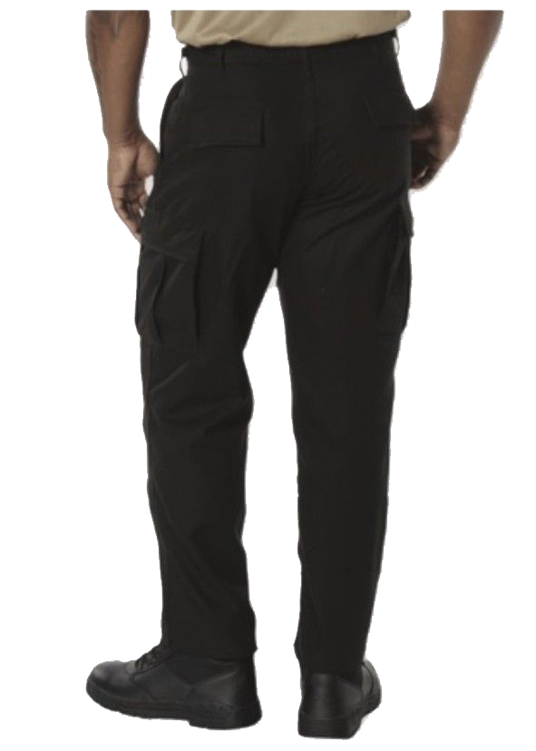 Man in black cargo pants, seen from the back. He's wearing a tan shirt, black shoes, and has hands in pockets.