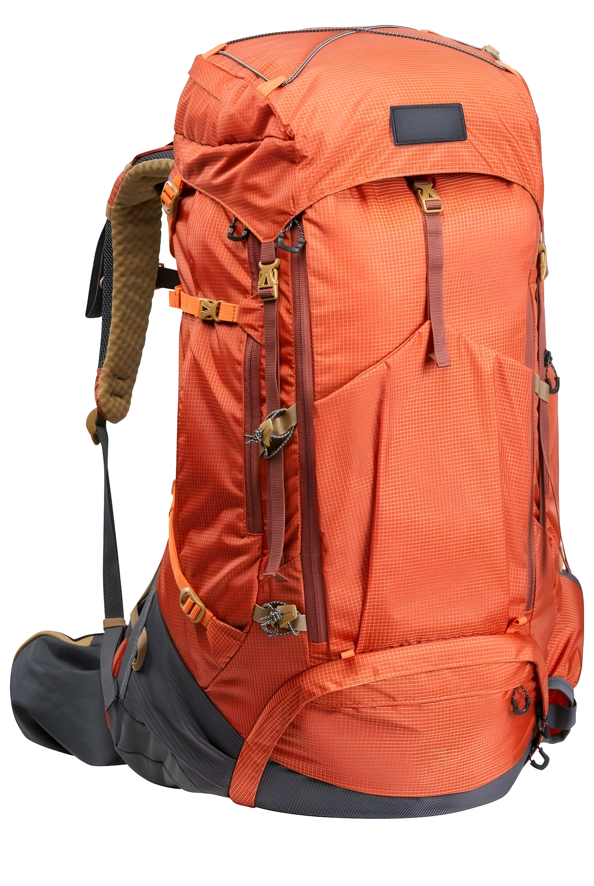 Orange and gray hiking backpack with adjustable straps, side pockets, and top flap.