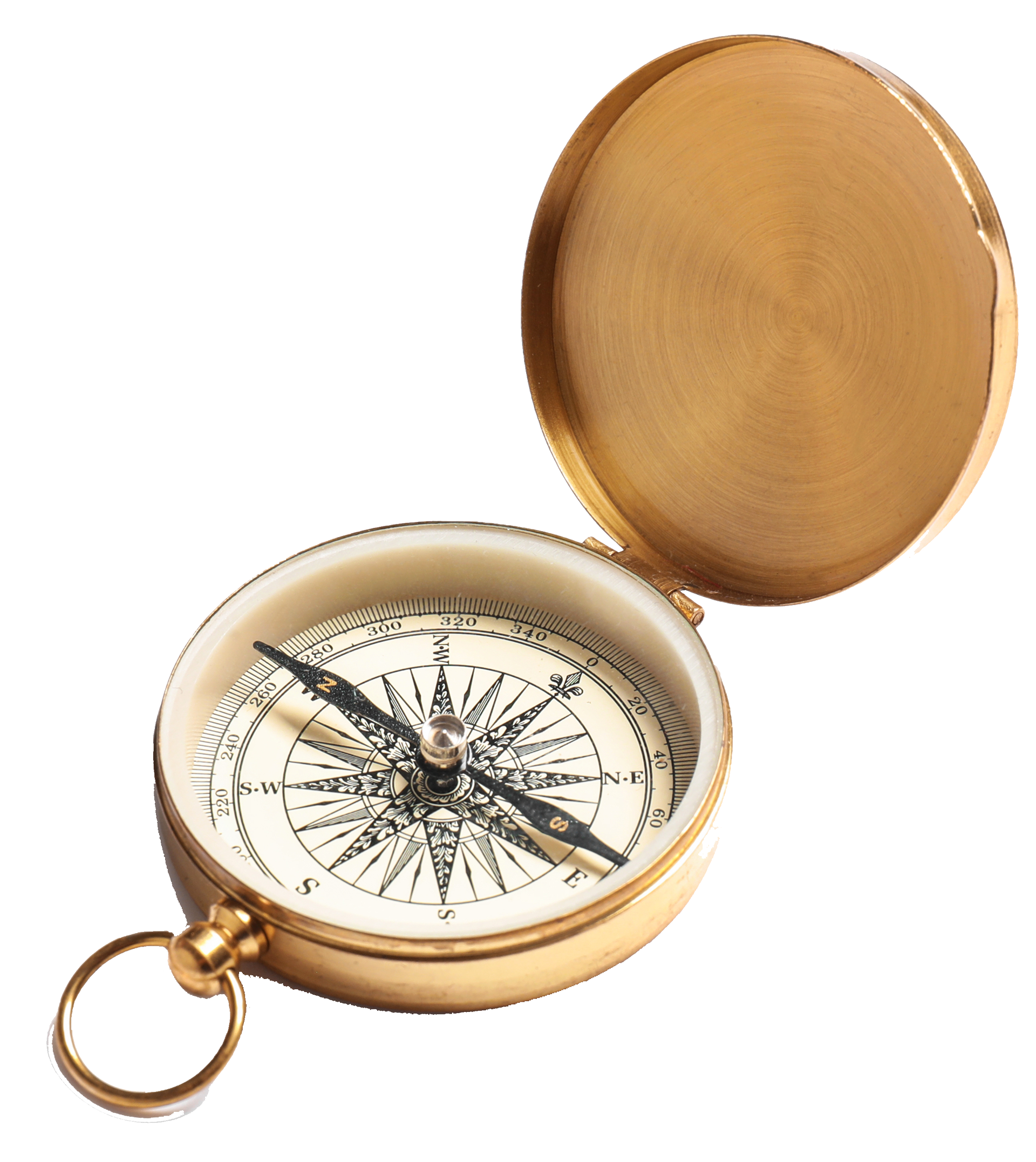 Brass compass with lid open, pointing north.