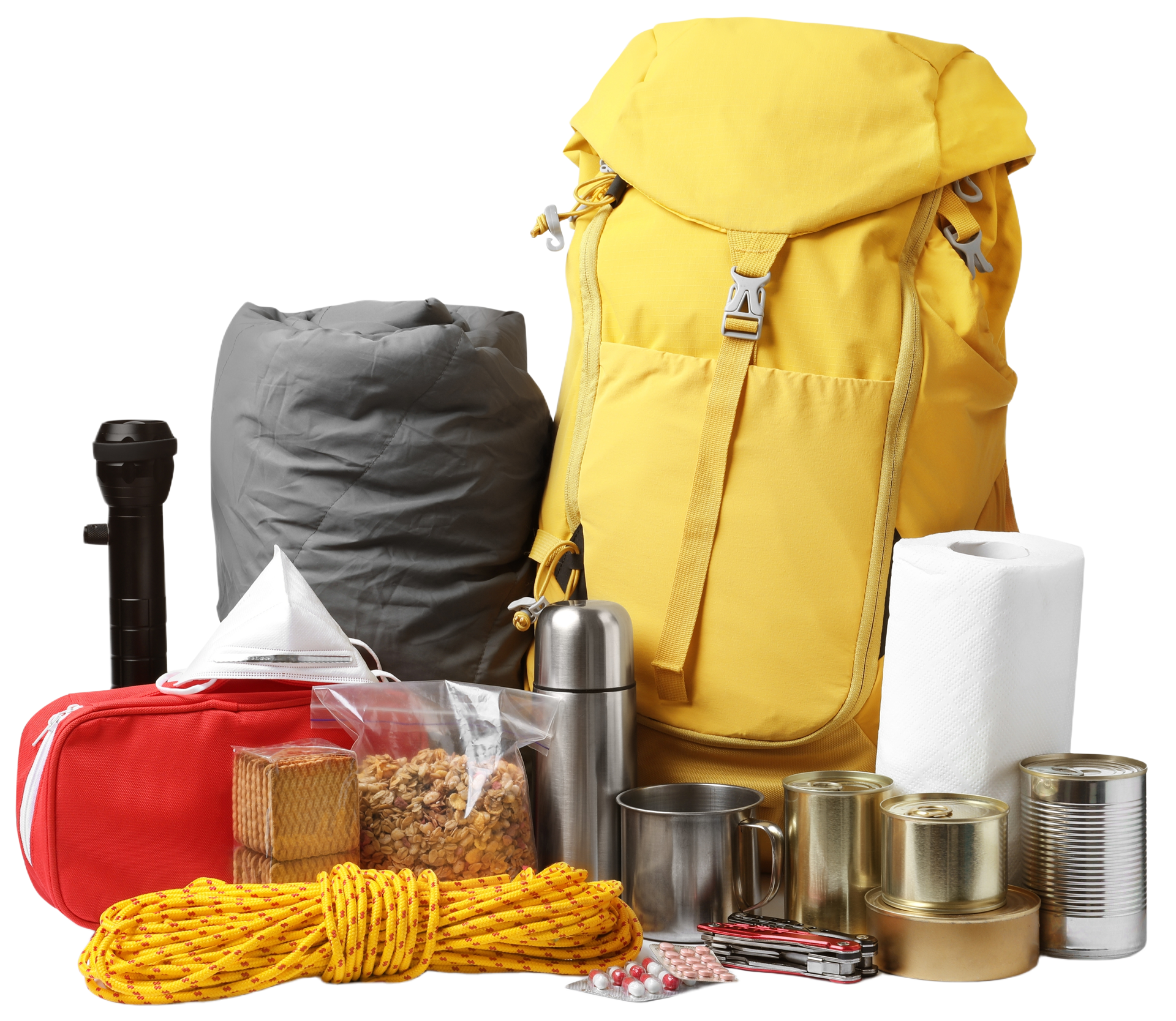 Yellow backpack with emergency supplies: flashlight, rope, food, and first aid kit.