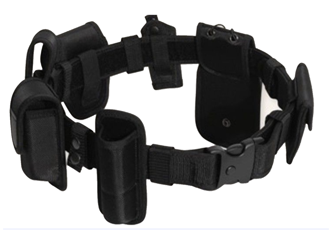 Black duty belt with various pouches and holders for equipment.
