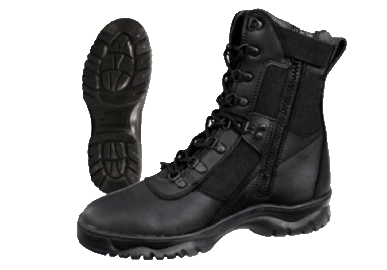 Black tactical boots with side zipper and rugged sole.