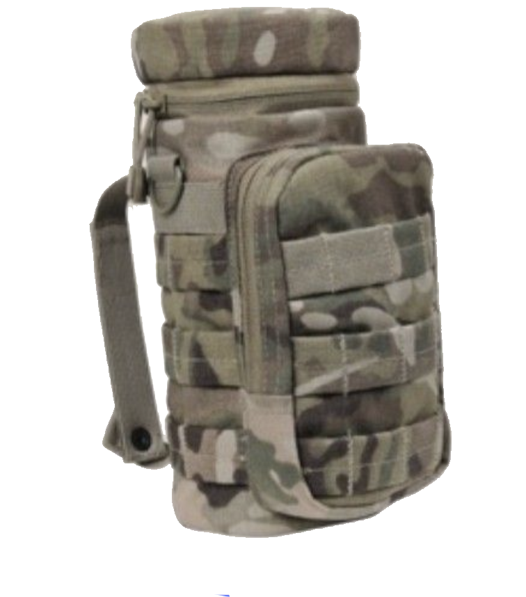 Camping gear on wooden table in a forest: backpack, boots, pad, metal cookware.