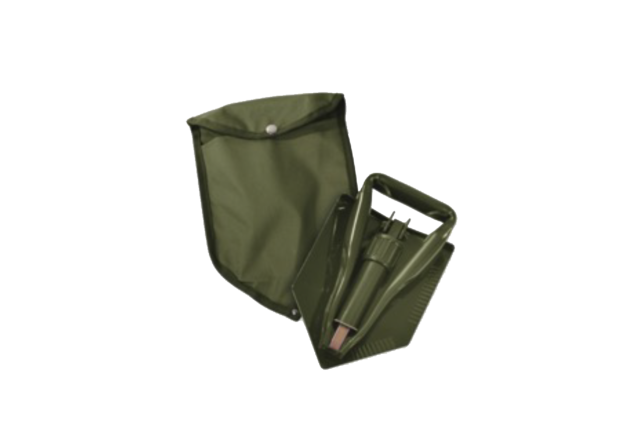Green folding shovel and carrying case.