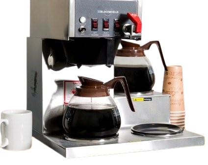 A coffee maker with two pitchers of coffee and a cup