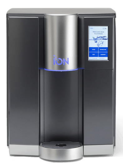 A black and silver ion water dispenser with a screen