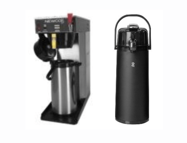 A coffee maker and a black thermos on a white background