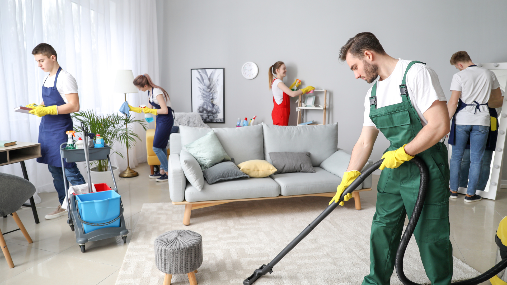 Cleaning crew in a living room, vacuuming and dusting furniture, wearing aprons and yellow gloves.