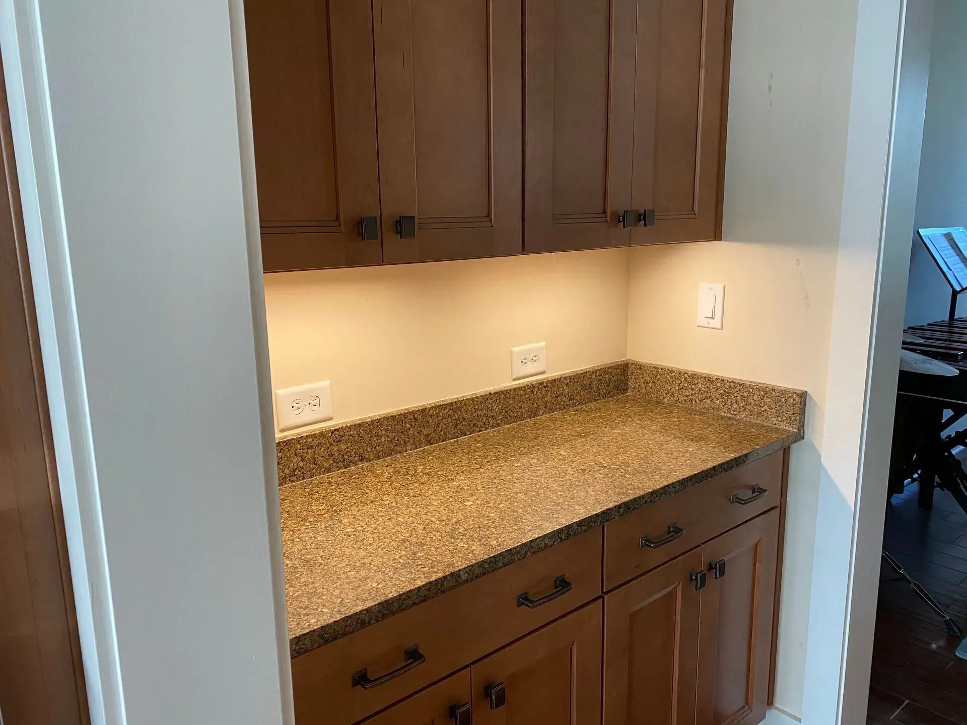 Built-in wooden cabinetry with granite countertop and under-cabinet lighting.