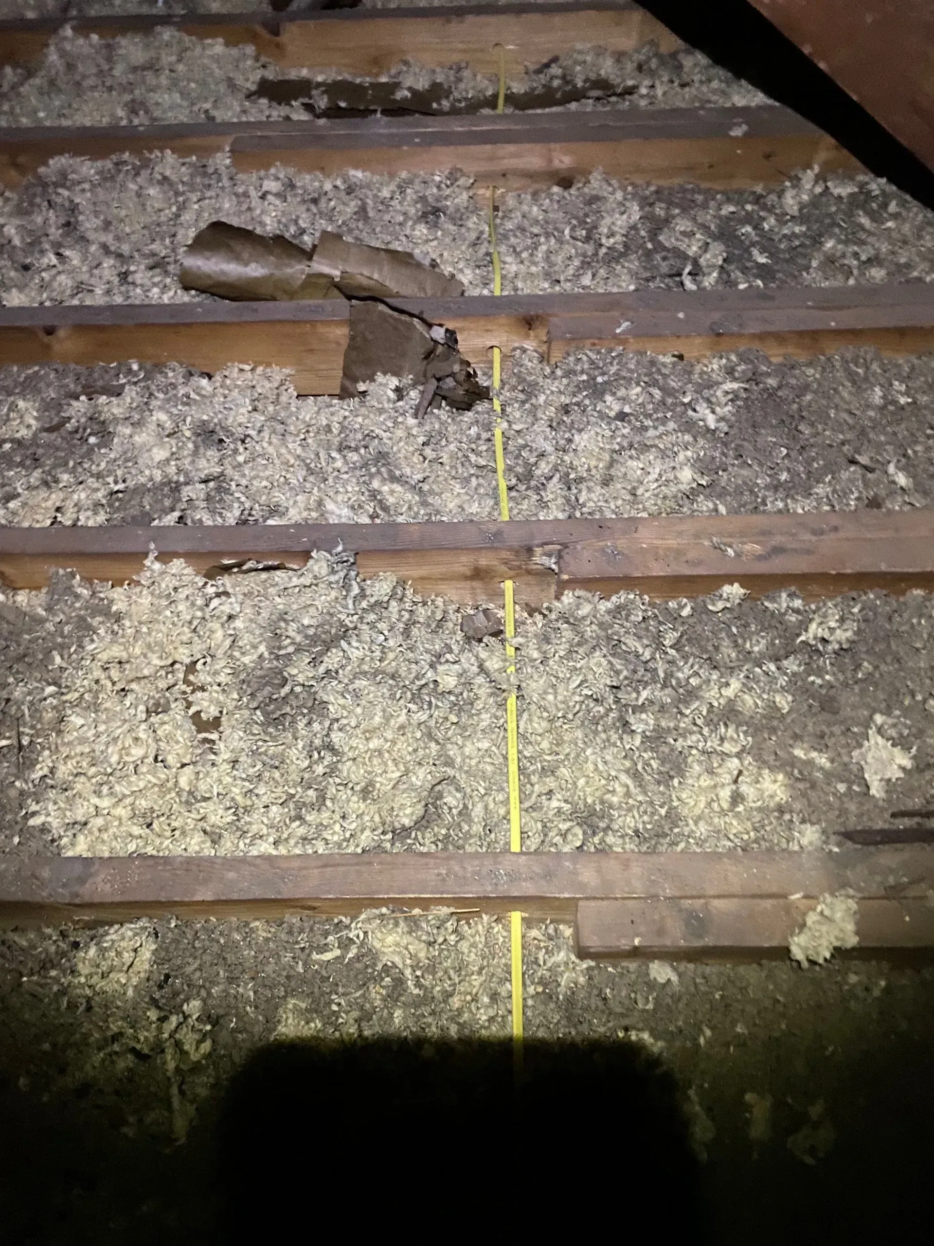 Attic interior with exposed wooden beams and insulation. A yellow string hangs down from the top.