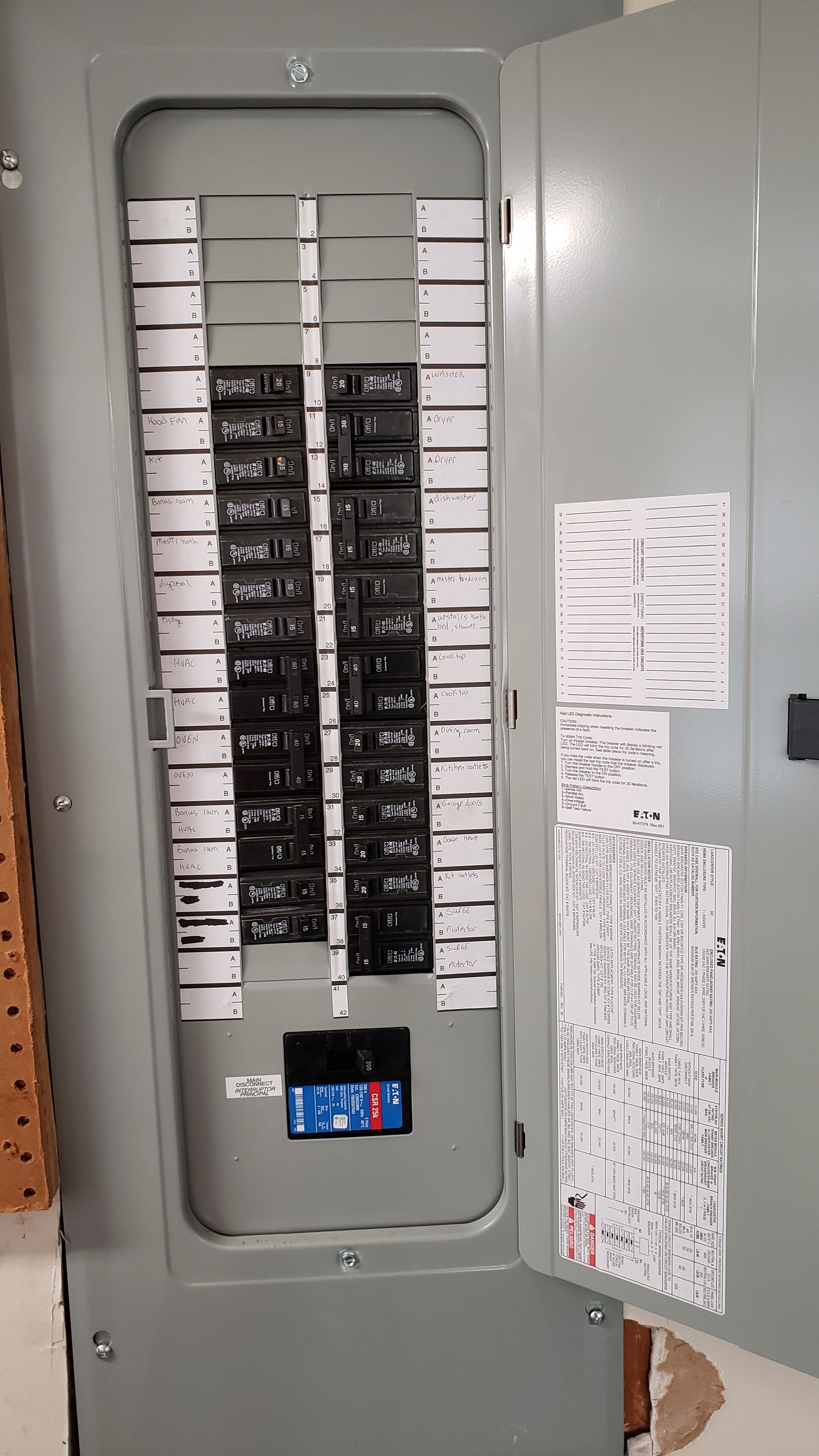 Open gray electrical panel with circuit breakers. The panel door is open, with a chart attached.