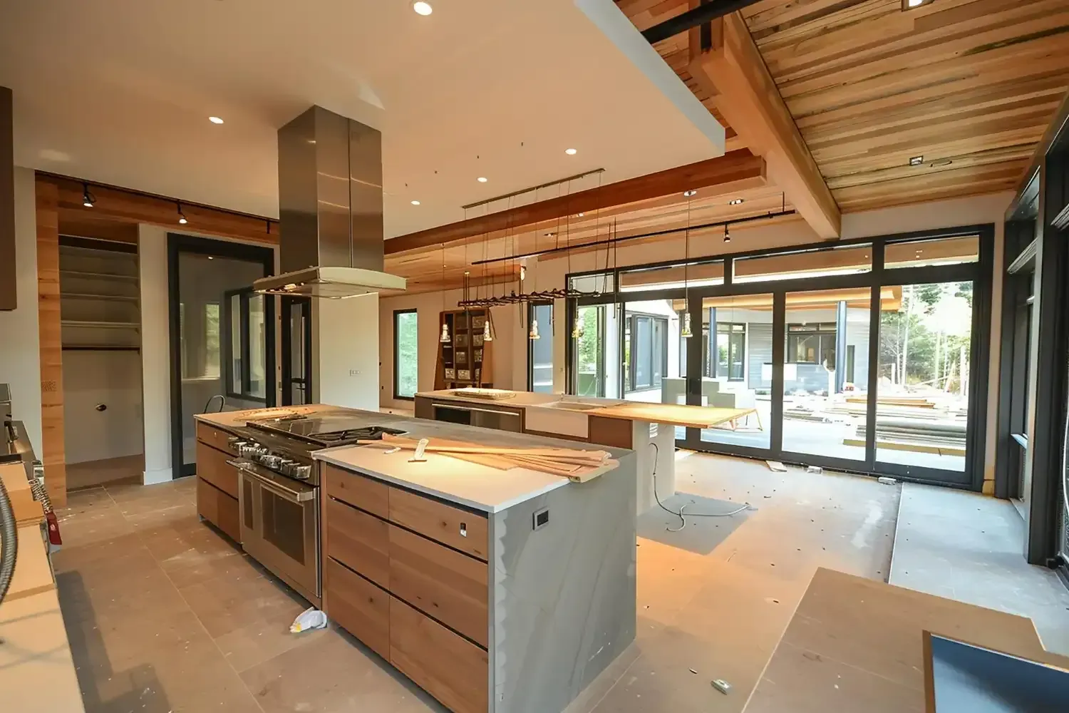 Modern open-concept kitchen with island, wood beams, and floor-to-ceiling windows overlooking a patio